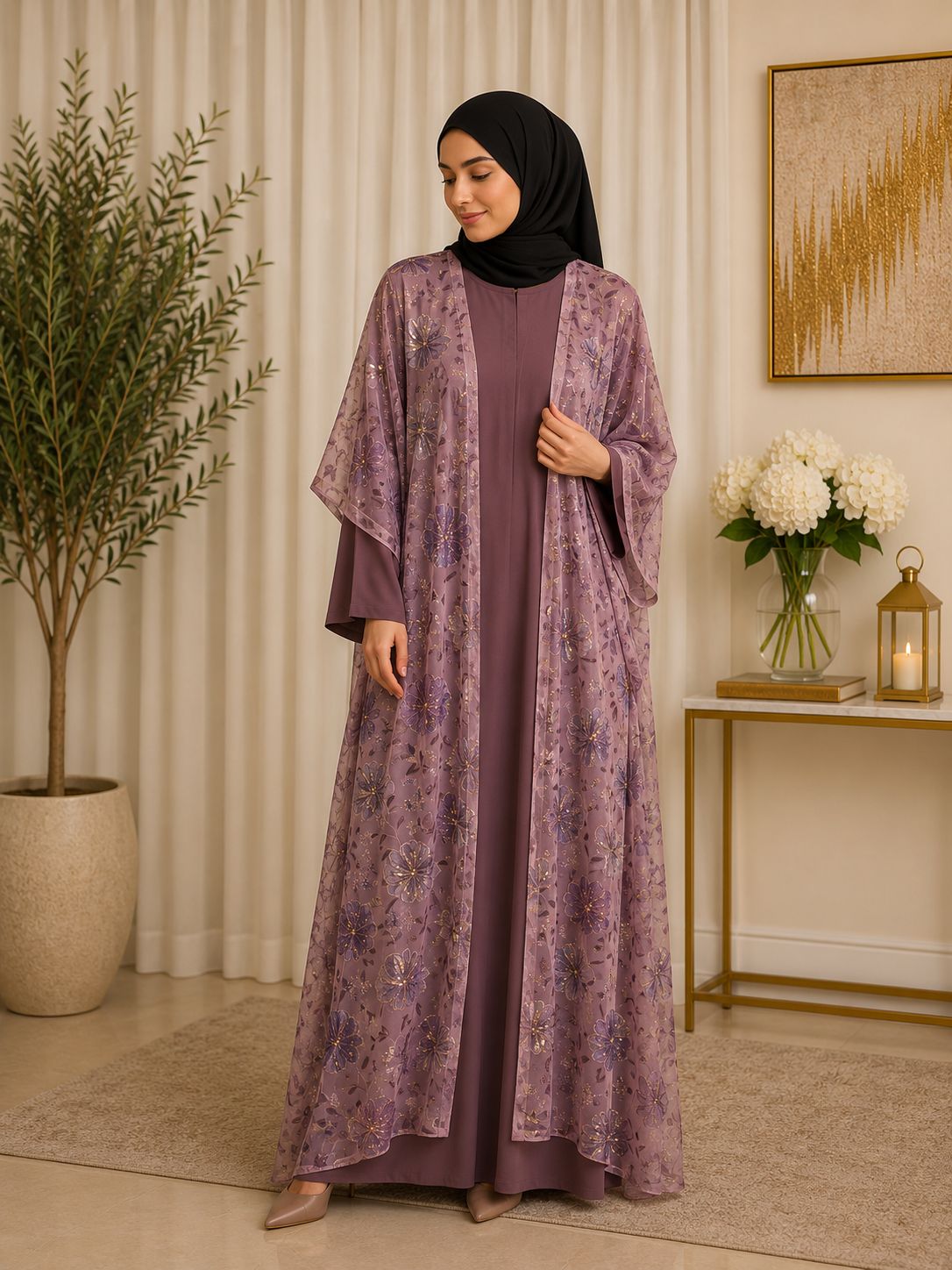 printed organza with elegant sequence work and embroidered floral detailing