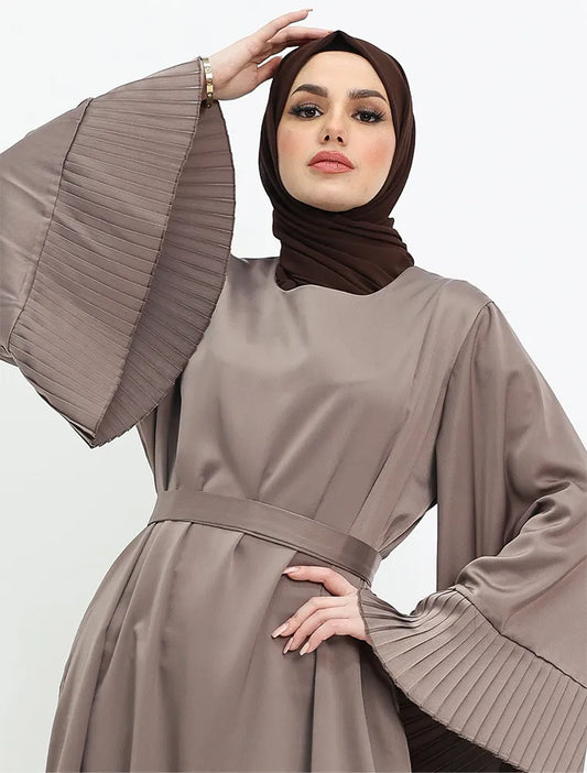 Mocha Pleat Cuffs Satin Abaya