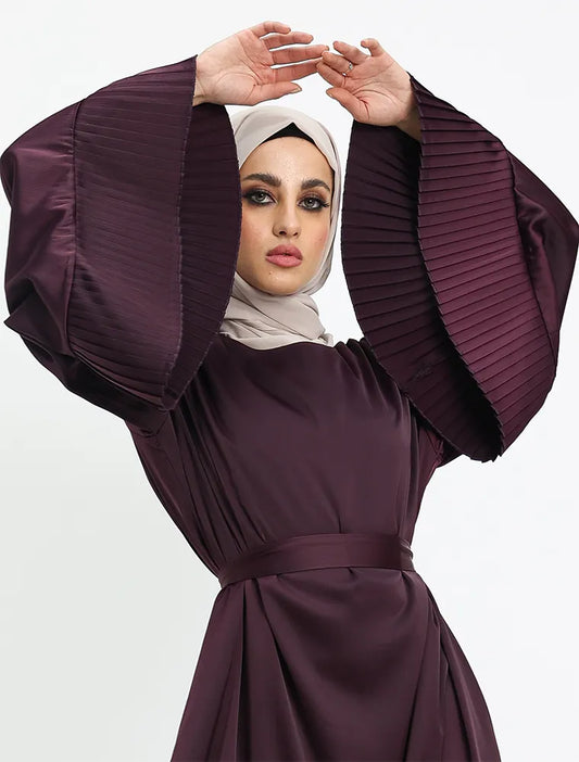 Plum Pleat Cuffs Satin Abaya