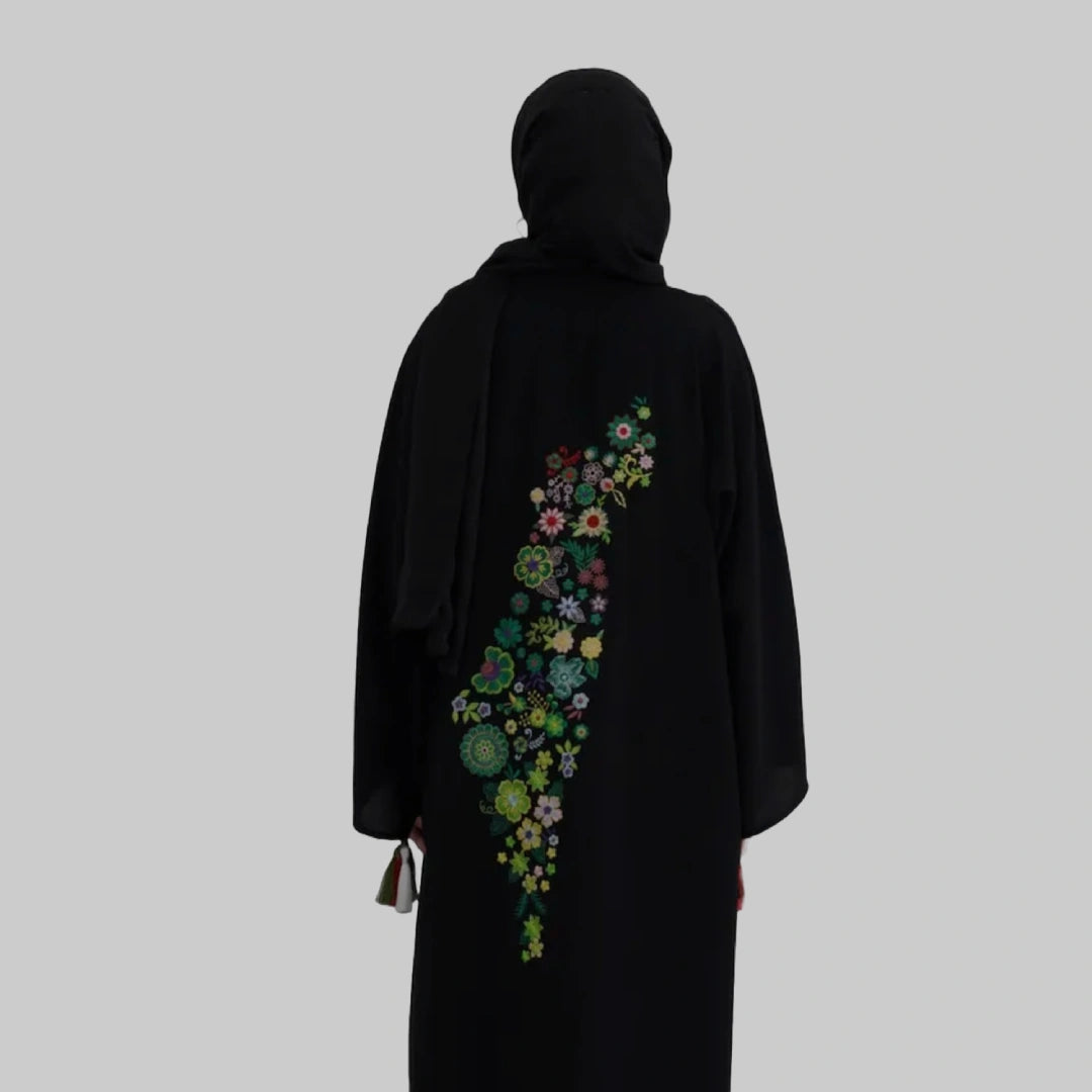Black open Abaya - Flower