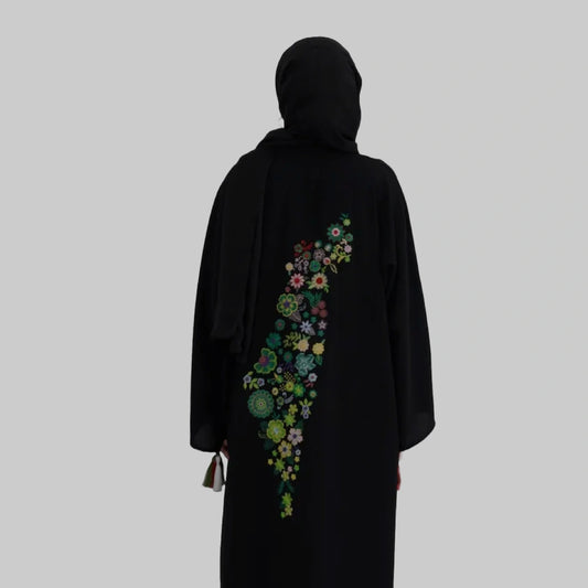 Black open Abaya - Flower