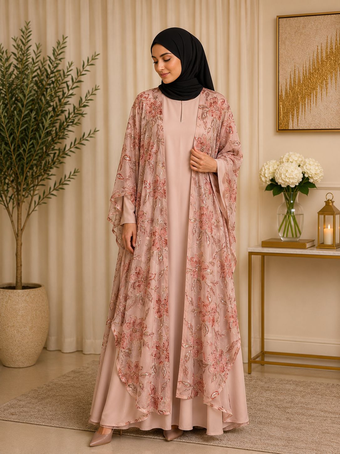 printed organza with elegant sequence work and embroidered floral detailing