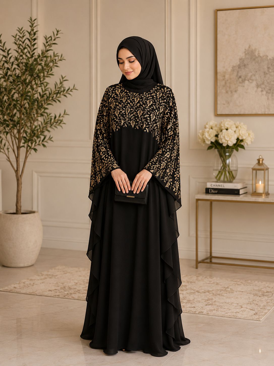 black abaya with thread work on top