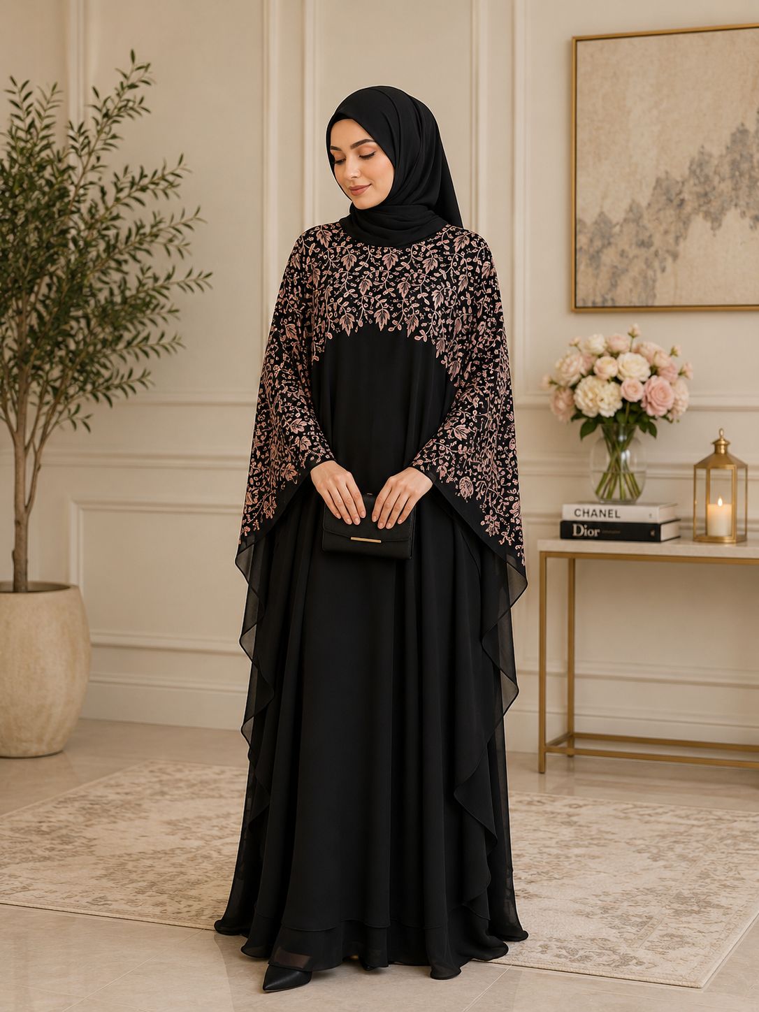 black abaya with thread work on top