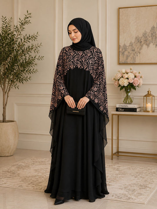 black abaya with thread work on top