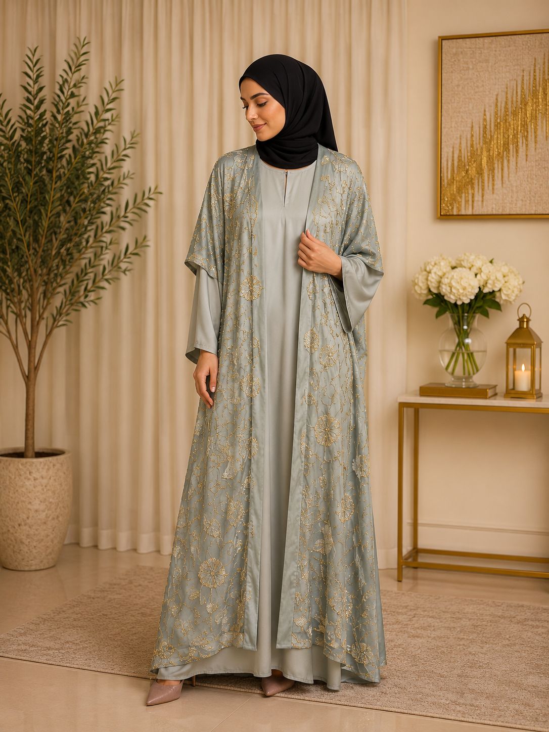printed organza with elegant sequence work and embroidered floral detailing