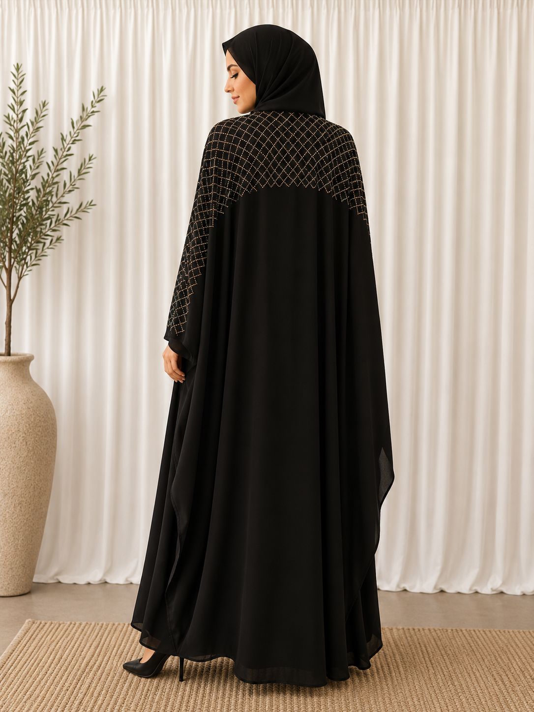 georgette black abaya with stone work front and back