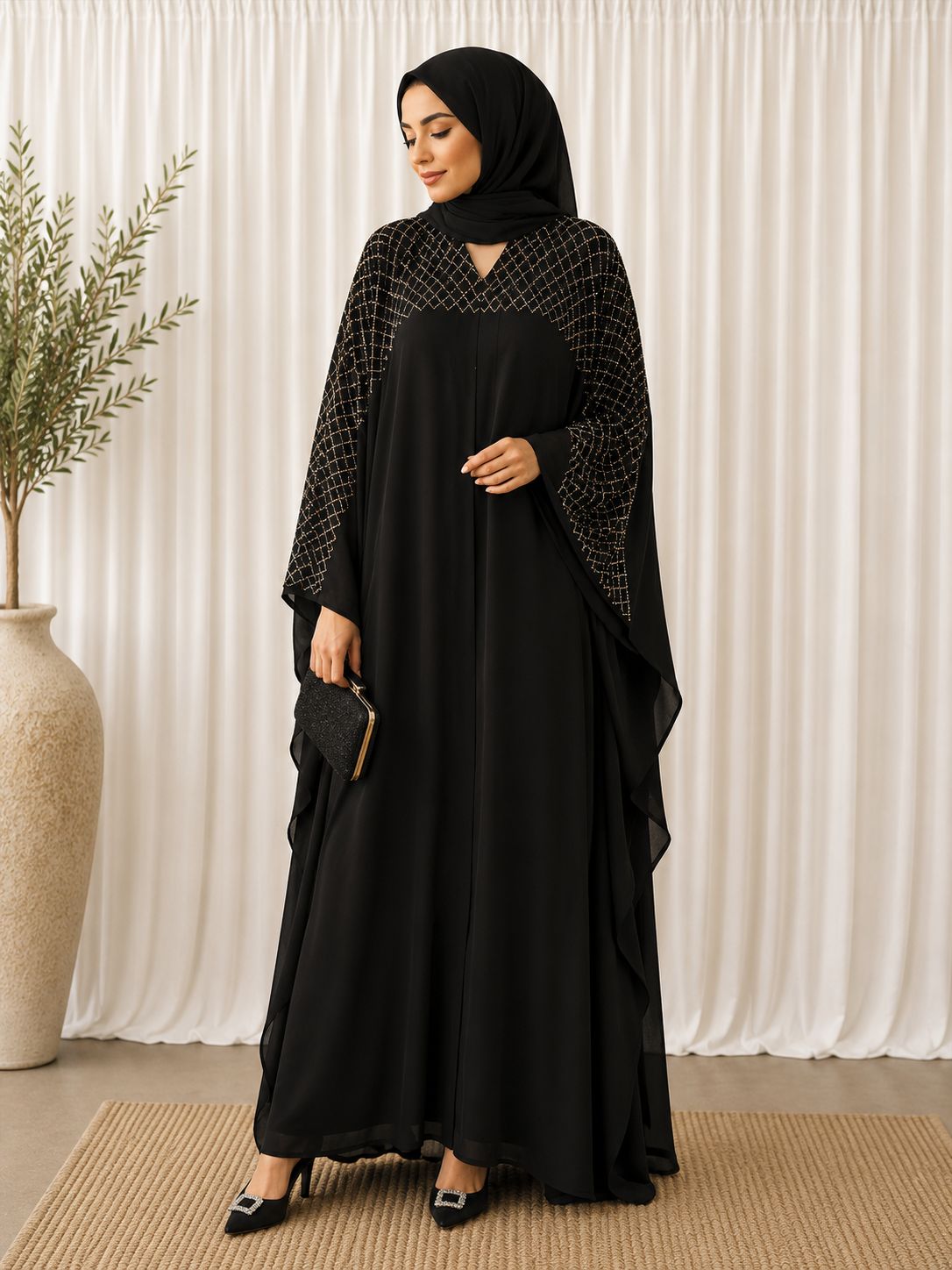 georgette black abaya with stone work front and back