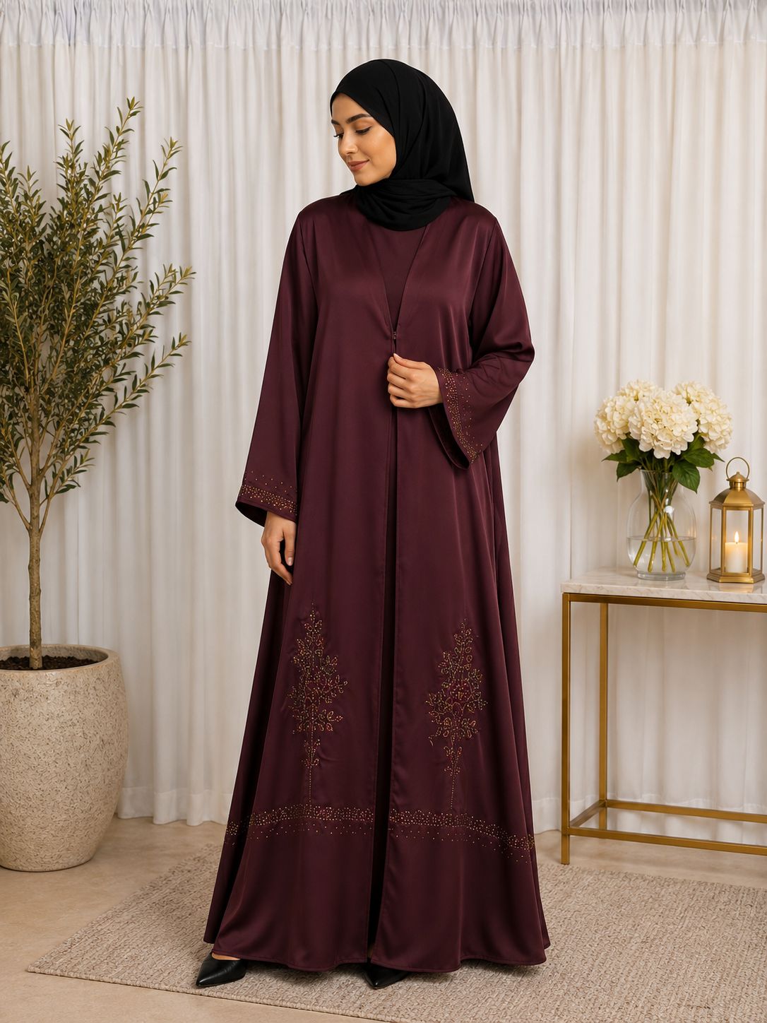 Brick red satin abaya